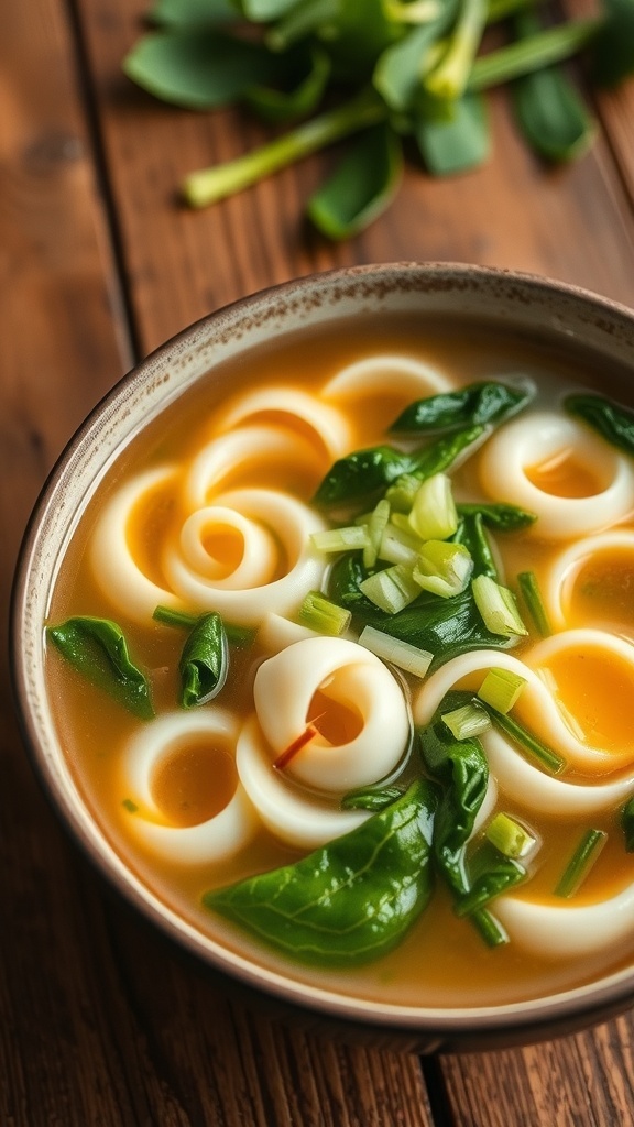 A bowl of Egg Drop Soup with Greens, featuring egg ribbons and fresh spinach, garnished with green onions on a wooden table.